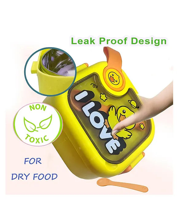 Lovely Duck Theme Lunch Box for Kids Stainless Steel Air-Tight Tiffin Box with Spoon & scissor ,school lunch box for Kids 750 ml - Yellow