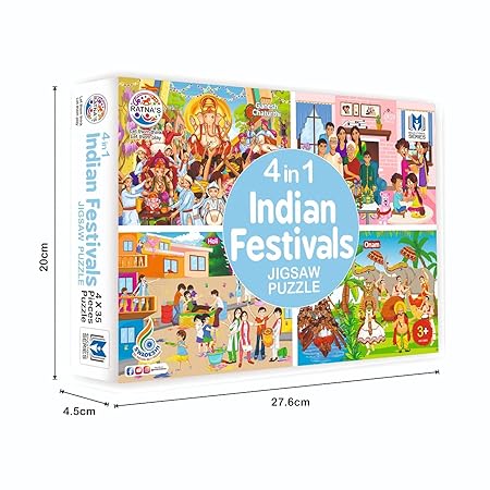 4 in 1 Indian Festivals Jigsaw Puzzle for Kids | 4 Jigsaw Puzzles with 35 Pieces Each for Festivals Like Ganesh Chaturthi, Raksha Bandhan, Holi & Onam Puzzle for Kids 3+ Years