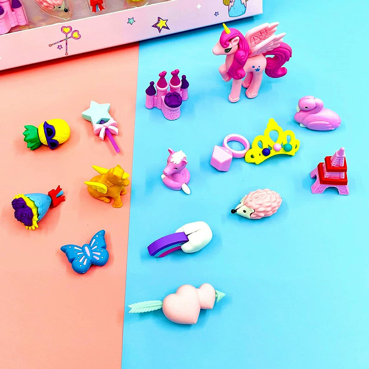 Kiditos Fairytale Palace Toy For Girls Play Fancy Erasers For Kids School Stationary Kit Non-Toxic Eraser (Set of 15, Multicolor)