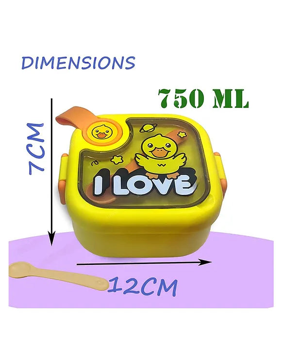 Lovely Duck Theme Lunch Box for Kids Stainless Steel Air-Tight Tiffin Box with Spoon & scissor ,school lunch box for Kids 750 ml - Yellow