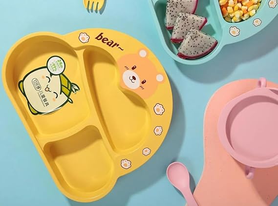 Bamboo Kids Plates - Kids Dishes Dinnerware Sets with Plate Fork and Spoon - Dishwasher Safe Kids Healthy Mealtime - Multi Color
