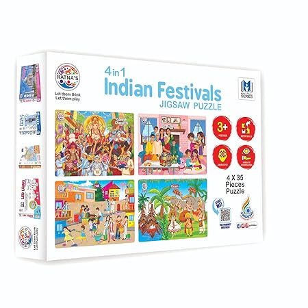 4 in 1 Indian Festivals Jigsaw Puzzle for Kids | 4 Jigsaw Puzzles with 35 Pieces Each for Festivals Like Ganesh Chaturthi, Raksha Bandhan, Holi & Onam Puzzle for Kids 3+ Years