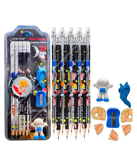 Honestum Space Astronaut Theme 10 Pencils Set with Pencil Grip, Eraser & Sharpener Comfortable Grip Pencils