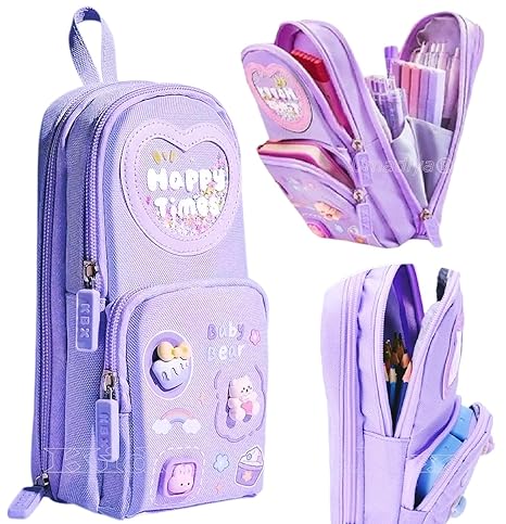 Supreme Deals Canvas Premium Pencil Case, 6 Layer, 3 Compartments, Large Capacity, Cute Aesthetic Design For Girls, Multifunctional Pouch For School Kids, purple