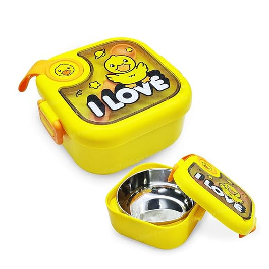 Lovely Duck Theme Lunch Box for Kids Stainless Steel Air-Tight Tiffin Box with Spoon & scissor ,school lunch box for Kids 750 ml - Yellow
