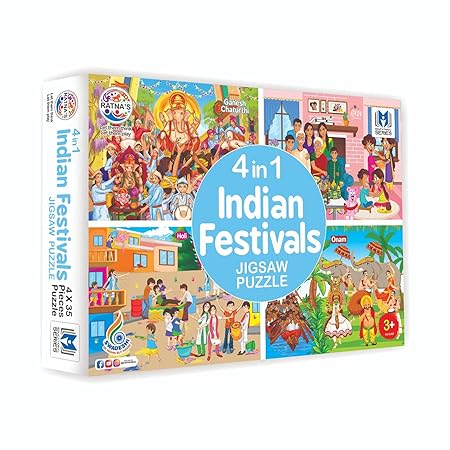 4 in 1 Indian Festivals Jigsaw Puzzle for Kids | 4 Jigsaw Puzzles with 35 Pieces Each for Festivals Like Ganesh Chaturthi, Raksha Bandhan, Holi & Onam Puzzle for Kids 3+ Years