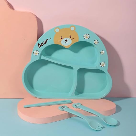 Bamboo Kids Plates - Kids Dishes Dinnerware Sets with Plate Fork and Spoon - Dishwasher Safe Kids Healthy Mealtime - Multi Color
