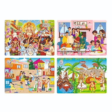 4 in 1 Indian Festivals Jigsaw Puzzle for Kids | 4 Jigsaw Puzzles with 35 Pieces Each for Festivals Like Ganesh Chaturthi, Raksha Bandhan, Holi & Onam Puzzle for Kids 3+ Years