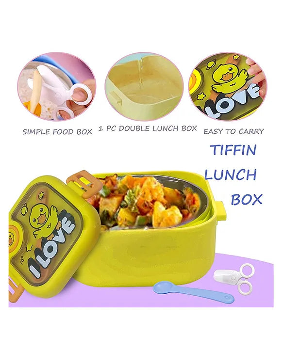 Lovely Duck Theme Lunch Box for Kids Stainless Steel Air-Tight Tiffin Box with Spoon & scissor ,school lunch box for Kids 750 ml - Yellow