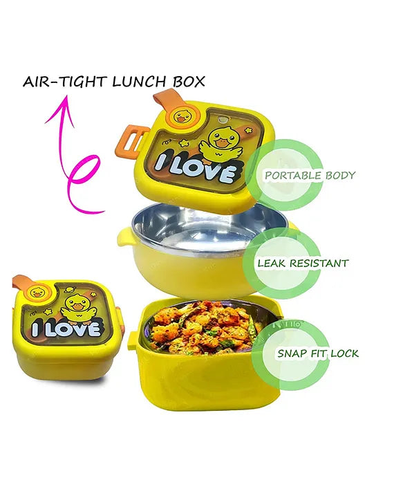 Lovely Duck Theme Lunch Box for Kids Stainless Steel Air-Tight Tiffin Box with Spoon & scissor ,school lunch box for Kids 750 ml - Yellow