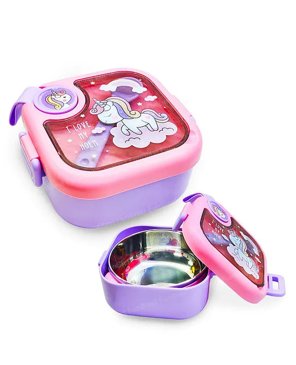 Lovely Duck Theme Lunch Box for Kids Stainless Steel Air-Tight Tiffin Box with Spoon & scissor ,school lunch box for Kids 750 ml - Yellow